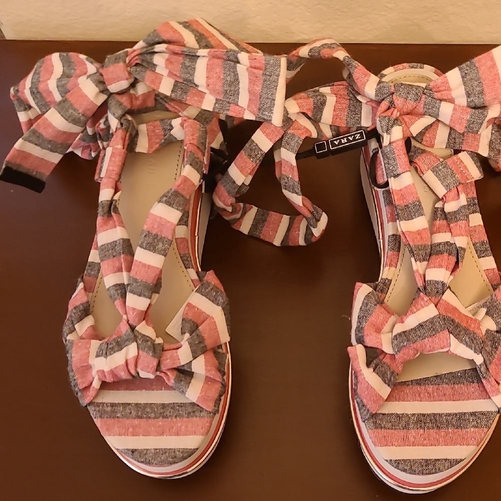 Zara Pink and Gray Striped Platform Sandals Size 6 1/2
